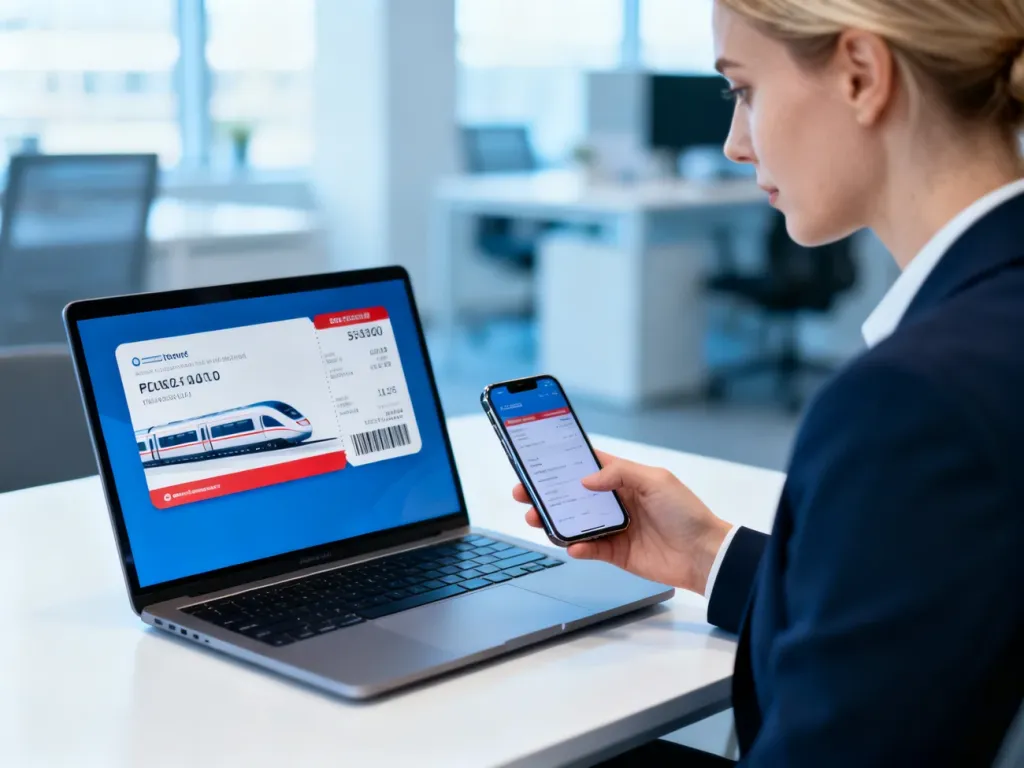 Kobieta przy biurku sprawdza bilet kolejowy na laptopie i smartfonie, przygotowując się do procesu zwrotu.