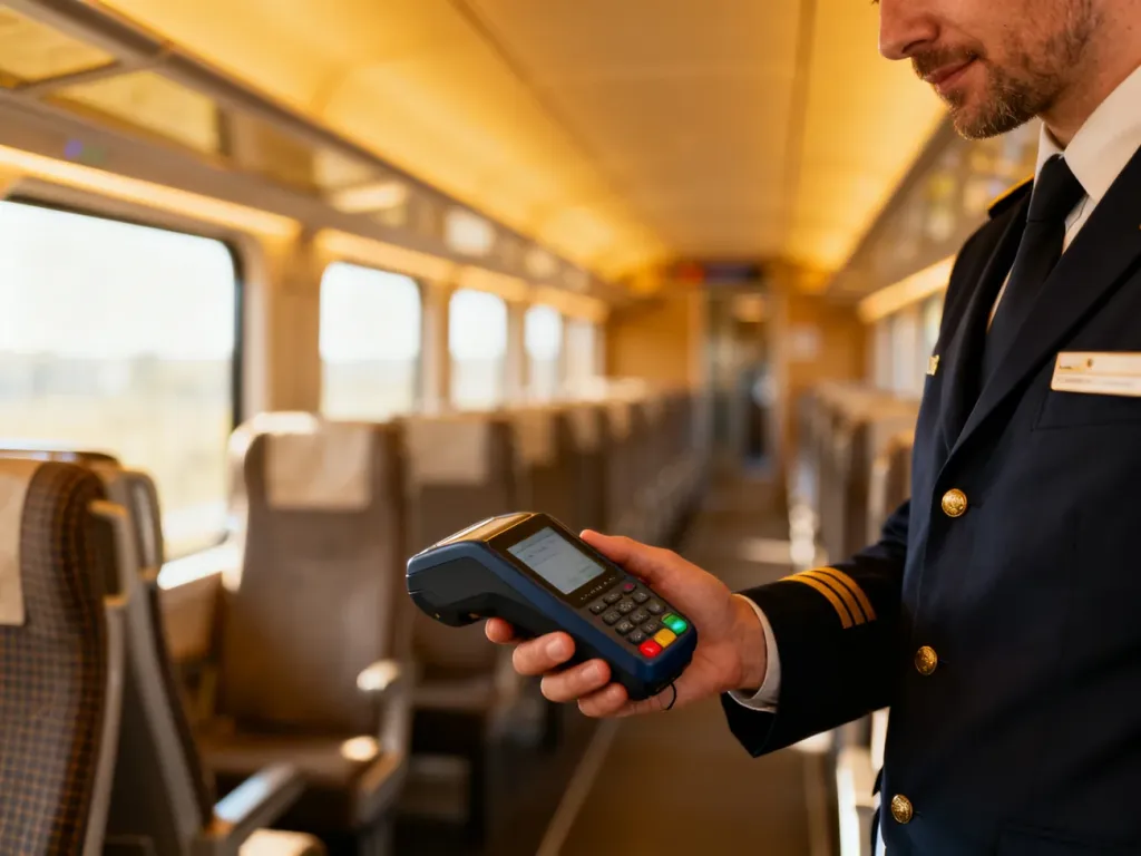 Konduktor sprawdza bilet pasażera za pomocą urządzenia mobilnego w nowoczesnym wagonie kolejowym.