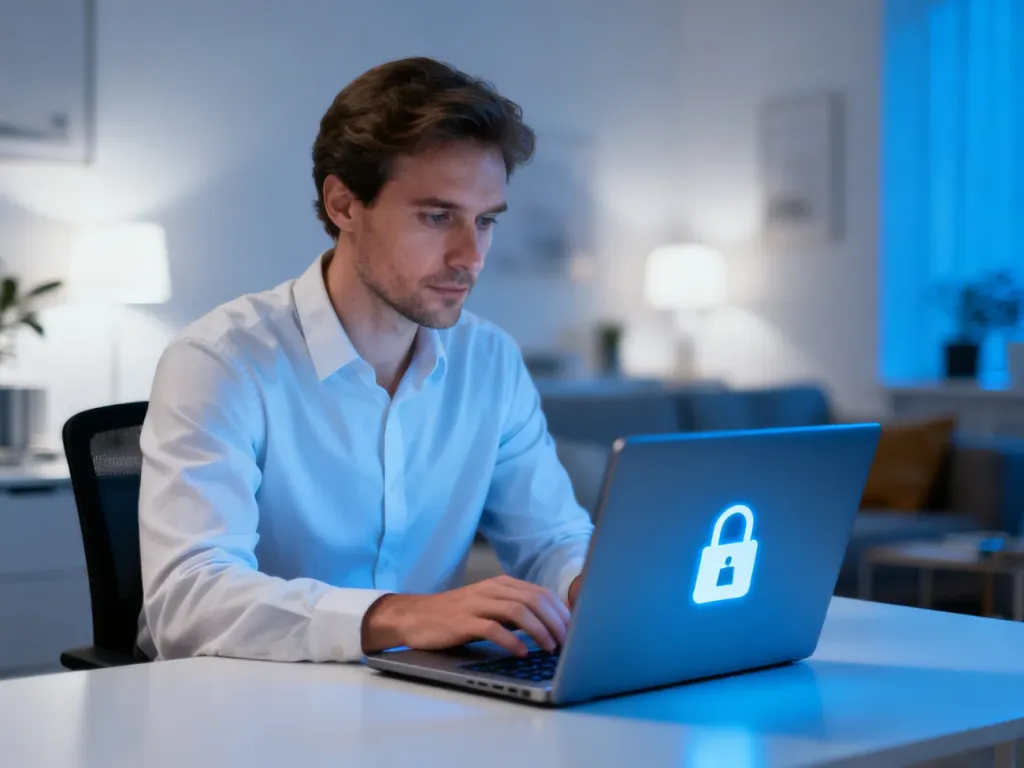 Mężczyzna przy laptopie z ikoną kłódki na ekranie, symbolizującą bezpieczne logowanie do bankowości internetowej.