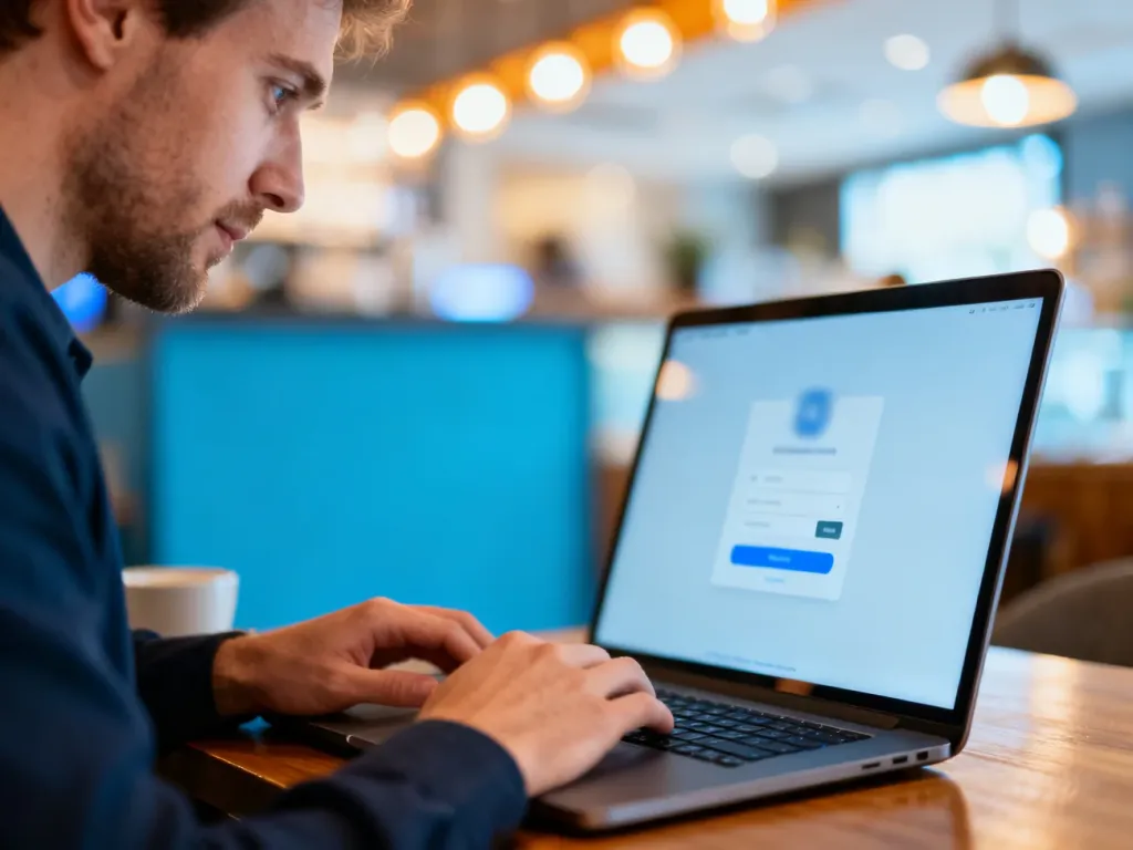 Mężczyzna korzystający z laptopa w kawiarni, na którego ekranie widoczny jest interfejs logowania do sieci Wi-Fi.