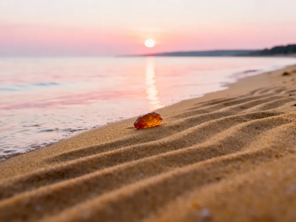 Spokojna plaża w Jantarze o wschodzie słońca z widocznym na piasku bursztynem i taflą morza w ciepłych barwach.