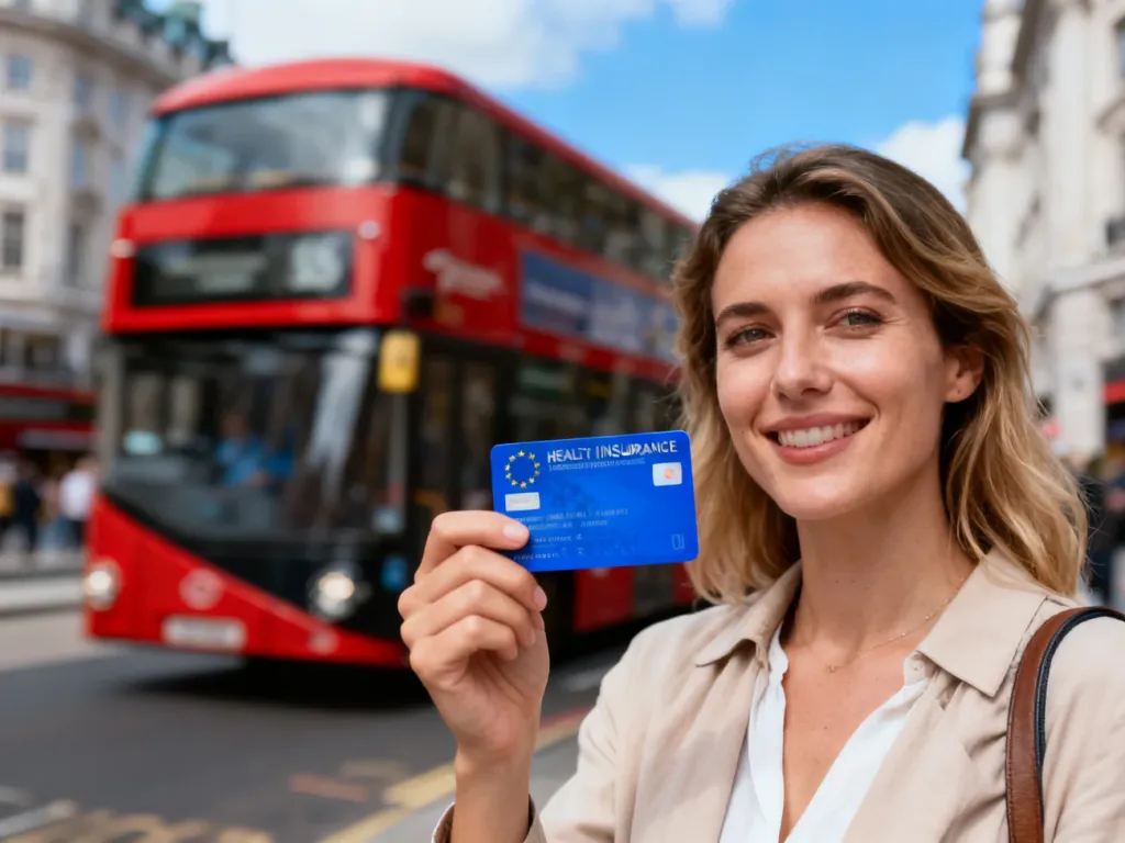 Kobieta trzymająca kartę EKUZ na tle londyńskiej ulicy z czerwonym autobusem.