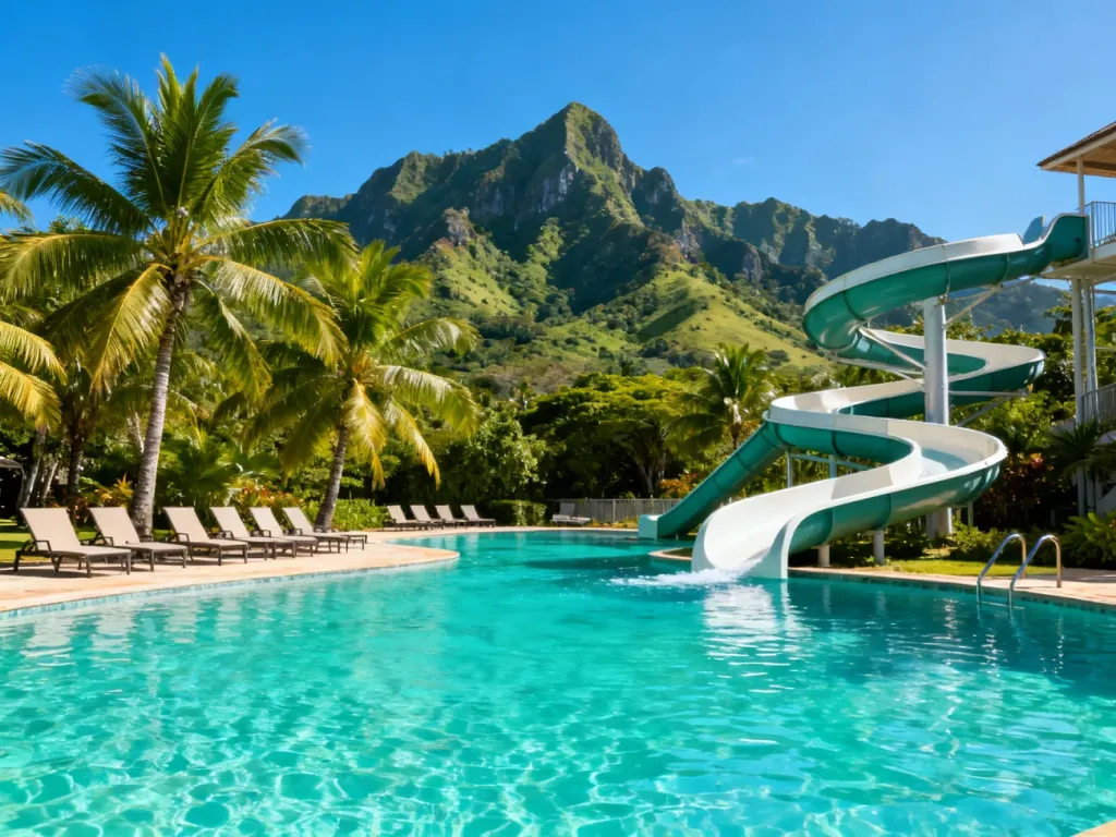 Luksusowy park wodny w Hawaii Paradise Aqua Park Resort z basenami, zjeżdżalniami i tropikalnym krajobrazem w tle.