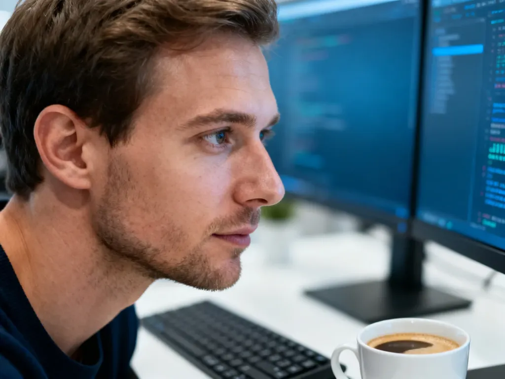 Programista skupiony na pracy przy komputerze w nowoczesnym biurze, symbolizujący proces tworzenia oprogramowania.