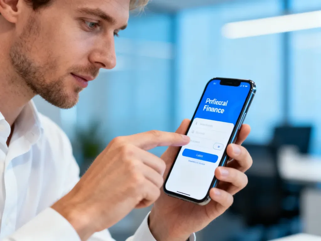 Mężczyzna logujący się do aplikacji finansowej na smartfonie w nowoczesnym biurze.