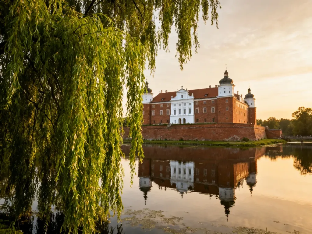 Renesansowy zamek na wodzie w Wojnowicach otoczony fosą, widoczny przez gałęzie wierzby płaczącej w świetle zachodzącego słońca.