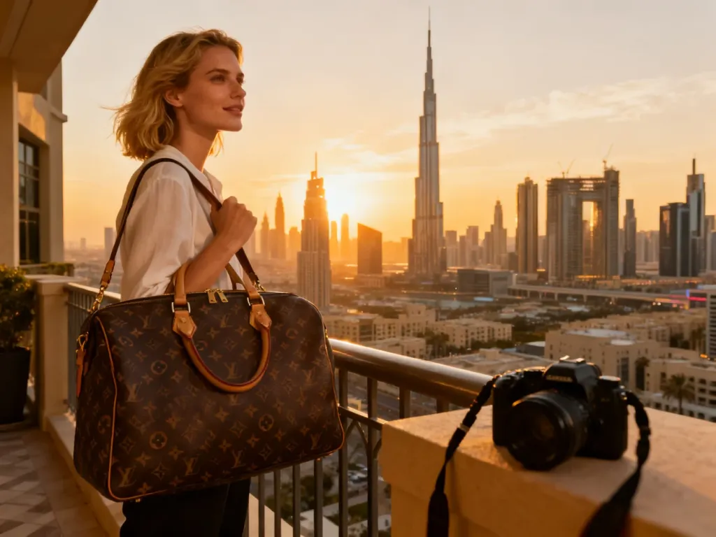 Kobieta na balkonie z widokiem na panoramę Dubaju i Burdż Chalifa podczas zachodu słońca, symbolizująca luksusowe wakacje.