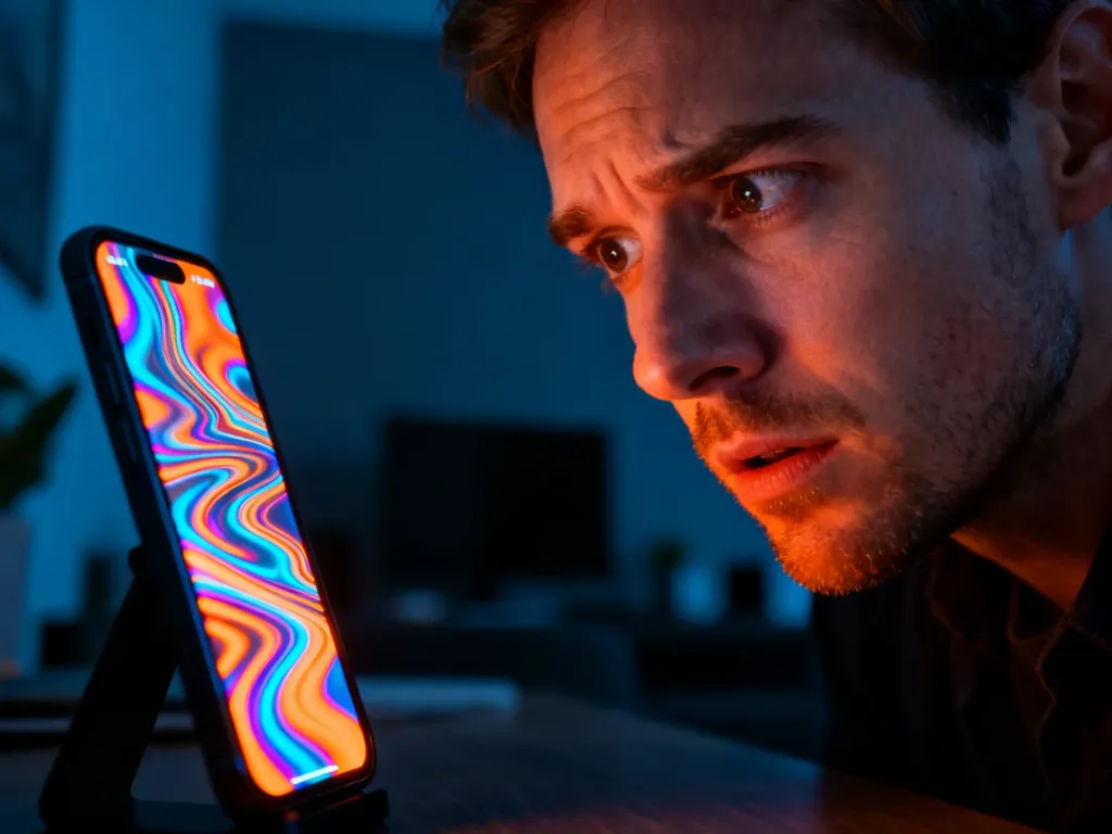 Mężczyzna z niedowierzaniem patrzy na ekran smartfona, co ilustruje problem zwodniczych treści typu clickbait.