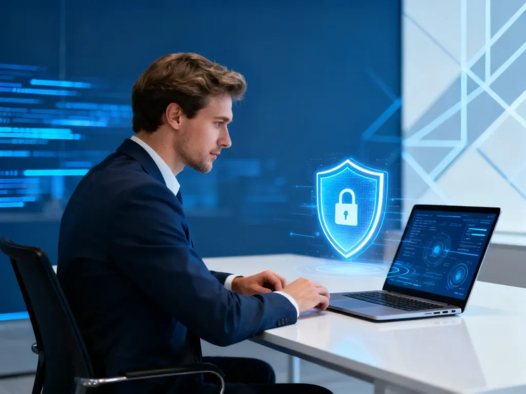 Profesjonalista przy laptopie z ikoną cyfrowej tarczy, symbolizującą bezpieczeństwo danych w programie Safe.