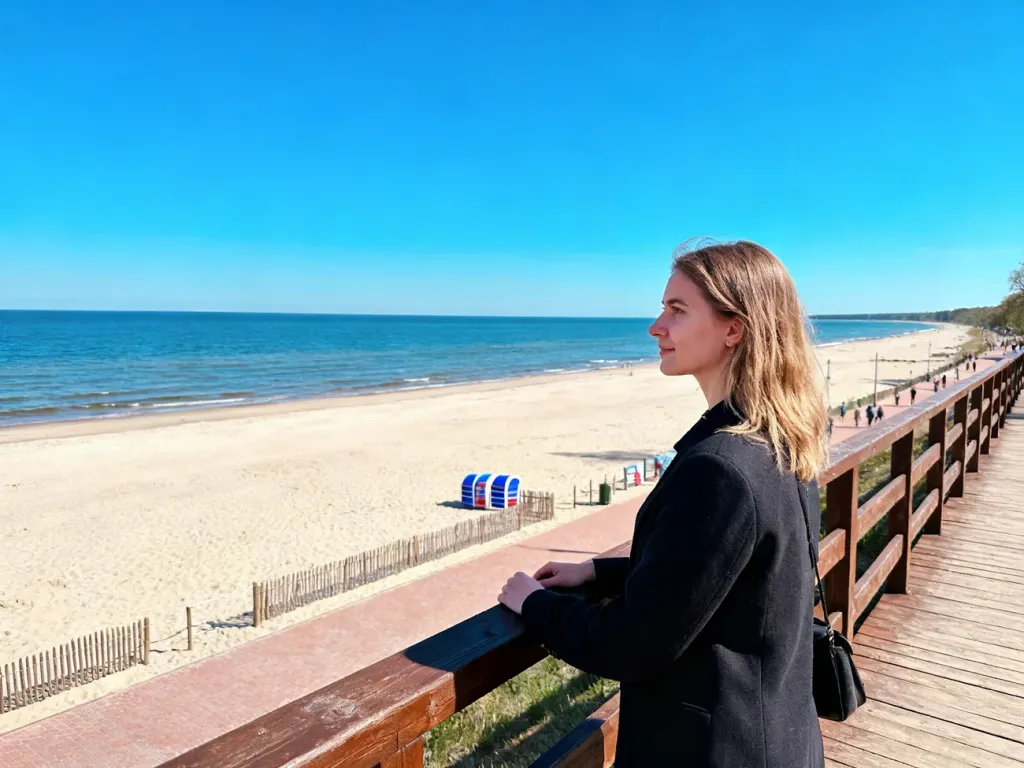 Widok na słoneczną promenadę w Ustce, piaszczystą plażę oraz spokojne Morze Bałtyckie z perspektywy turystki przy balustradzie.
