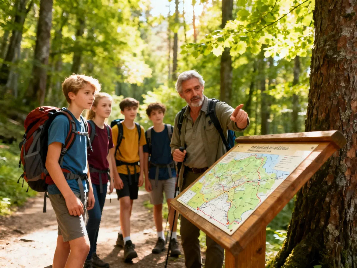 Grupa uczniów z nauczycielem podczas pieszej wycieczki leśnej, analizująca mapę szlaku na drewnianej tablicy.