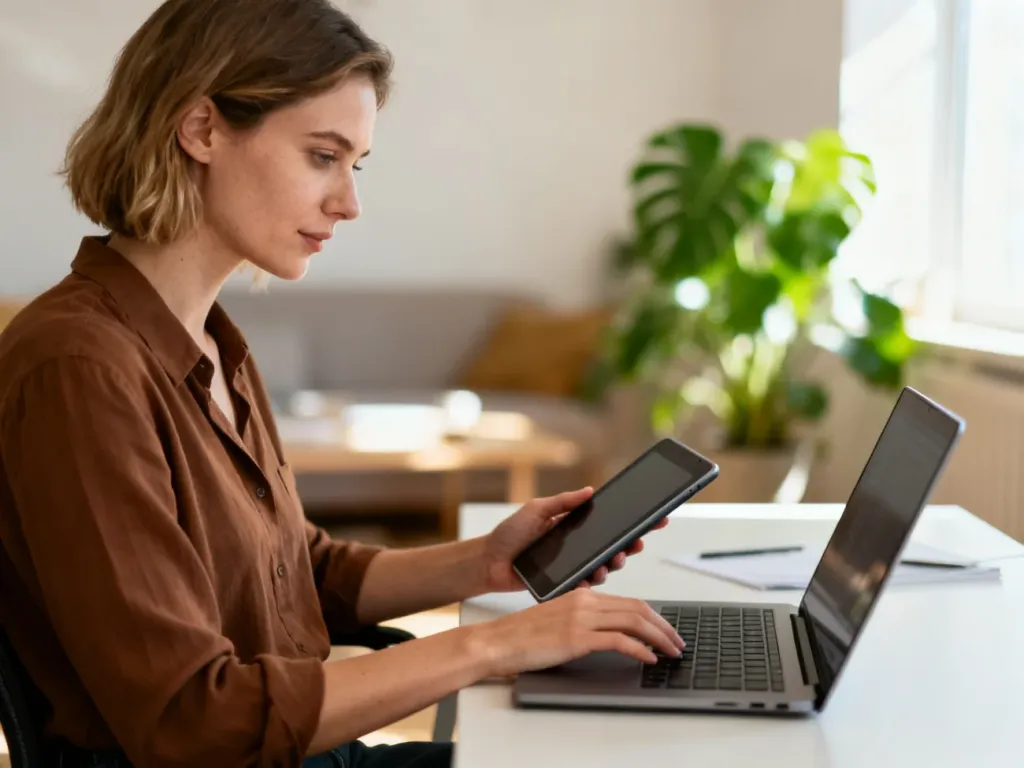 Kobieta pracująca przy laptopie w nowoczesnym biurze domowym, symbolizująca łatwe zarządzanie danymi firmy w CEIDG.