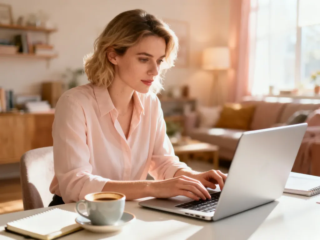 Kobieta pracująca przy laptopie w przytulnym domowym biurze, co ilustruje możliwości pracy zdalnej dla mam.