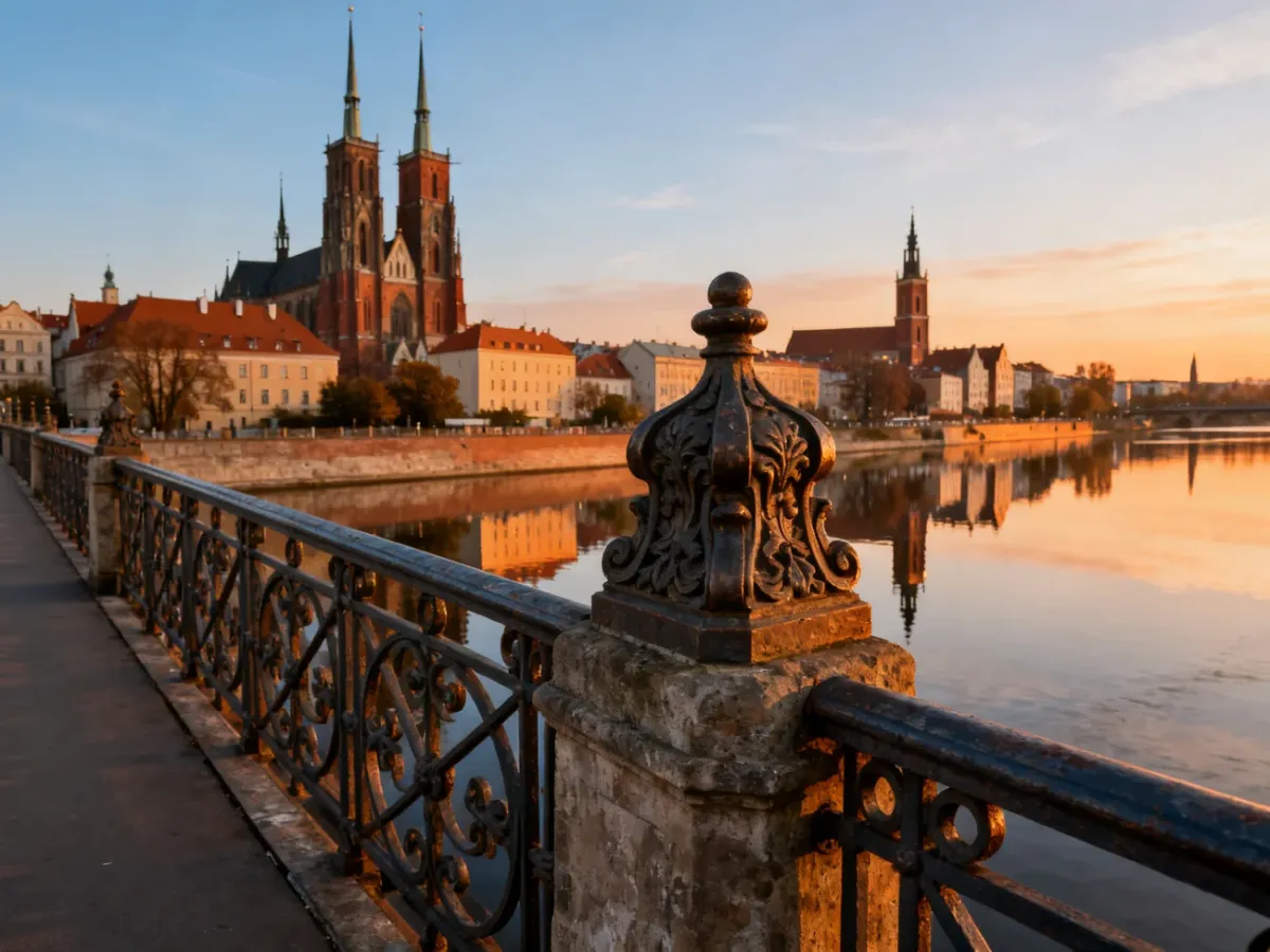 Zabytkowy kamienny most nad Odrą we Wrocławiu o zachodzie słońca z widokiem na gotyckie wieże miasta.