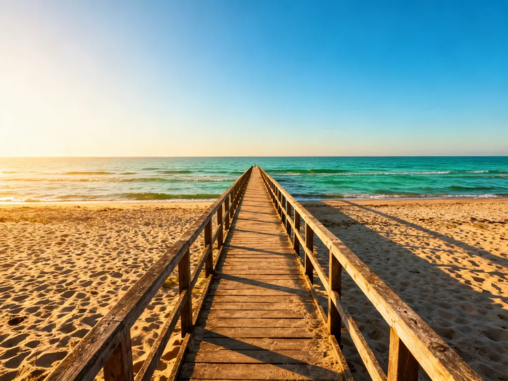 Widok na piaszczystą plażę i drewniane molo w Chłopach w słoneczny dzień nad spokojnym Bałtykiem.