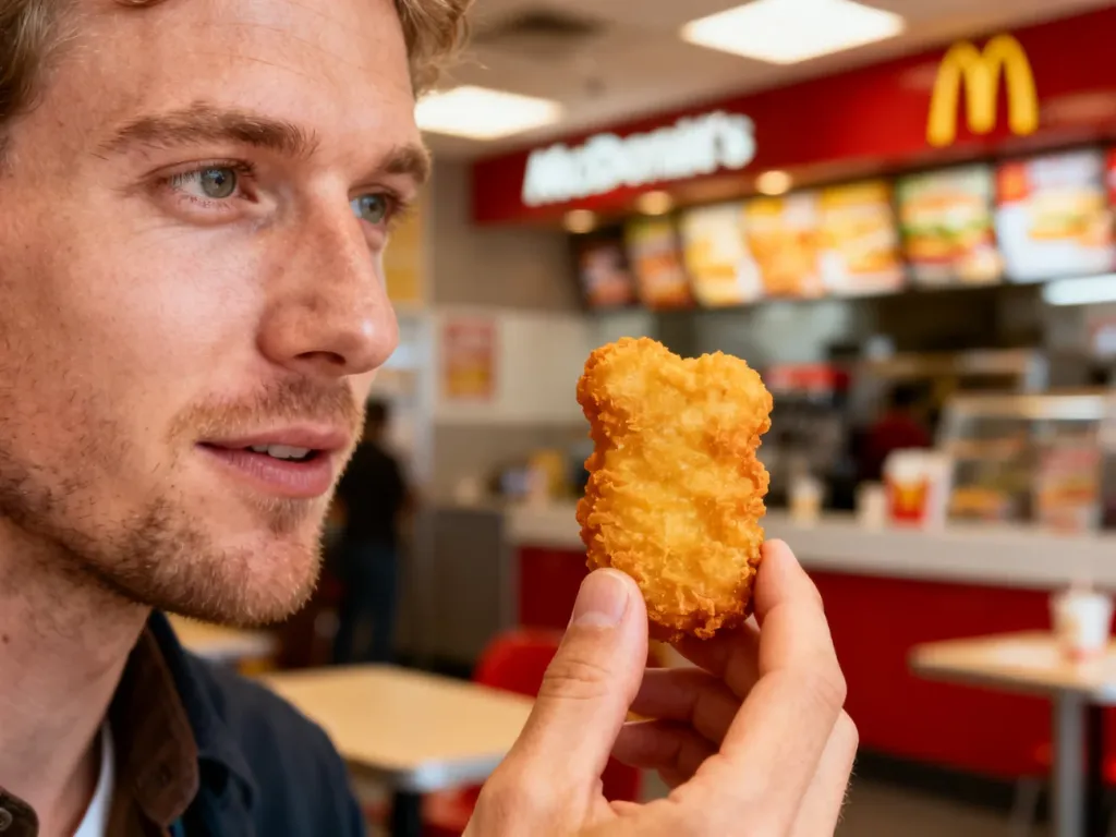 Złocisty, chrupiący nugget z kurczaka trzymany w dłoni na tle wnętrza restauracji McDonald’s.