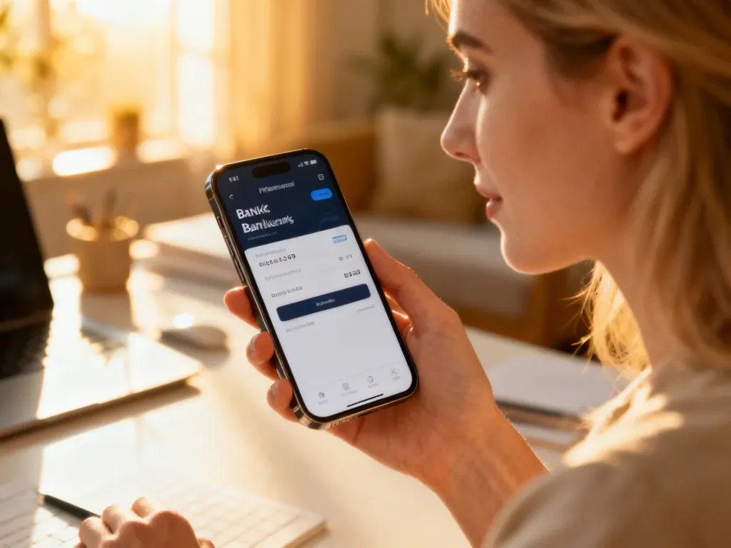 Kobieta trzymająca smartfon z otwartą aplikacją bankową w przytulnym domowym biurze.