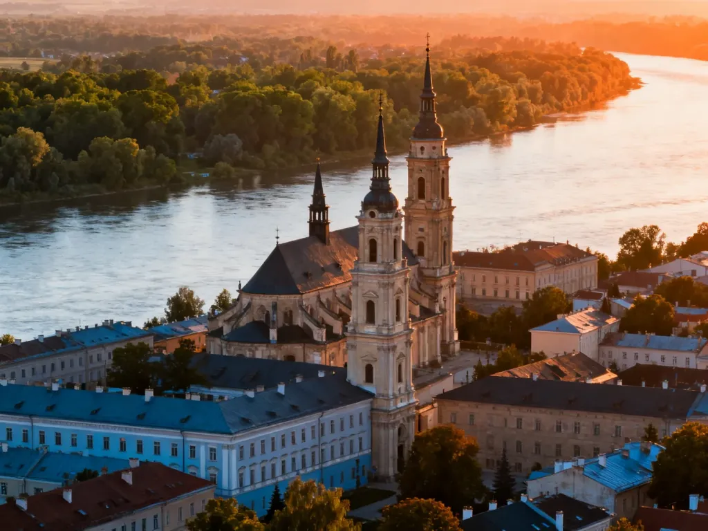 Zabytkowy klasztor paulinów nad brzegiem Prosny w ciepłym świetle zachodzącego słońca.