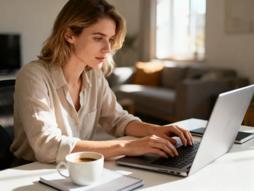 Kobieta pracująca przy laptopie w jasnym, minimalistycznym domowym biurze, co ilustruje możliwości prowadzenia firmy z domu.