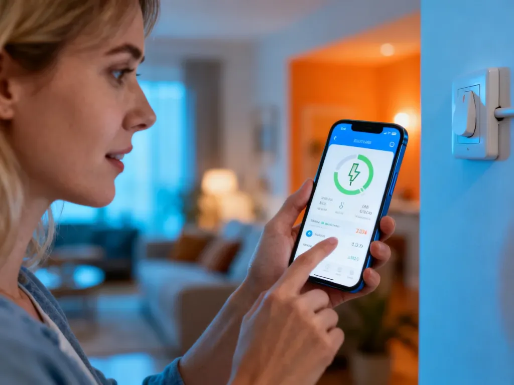 Kobieta sprawdza zużycie energii elektrycznej na smartfonie w przytulnym salonie, korzystając z aplikacji PGE eBOK.