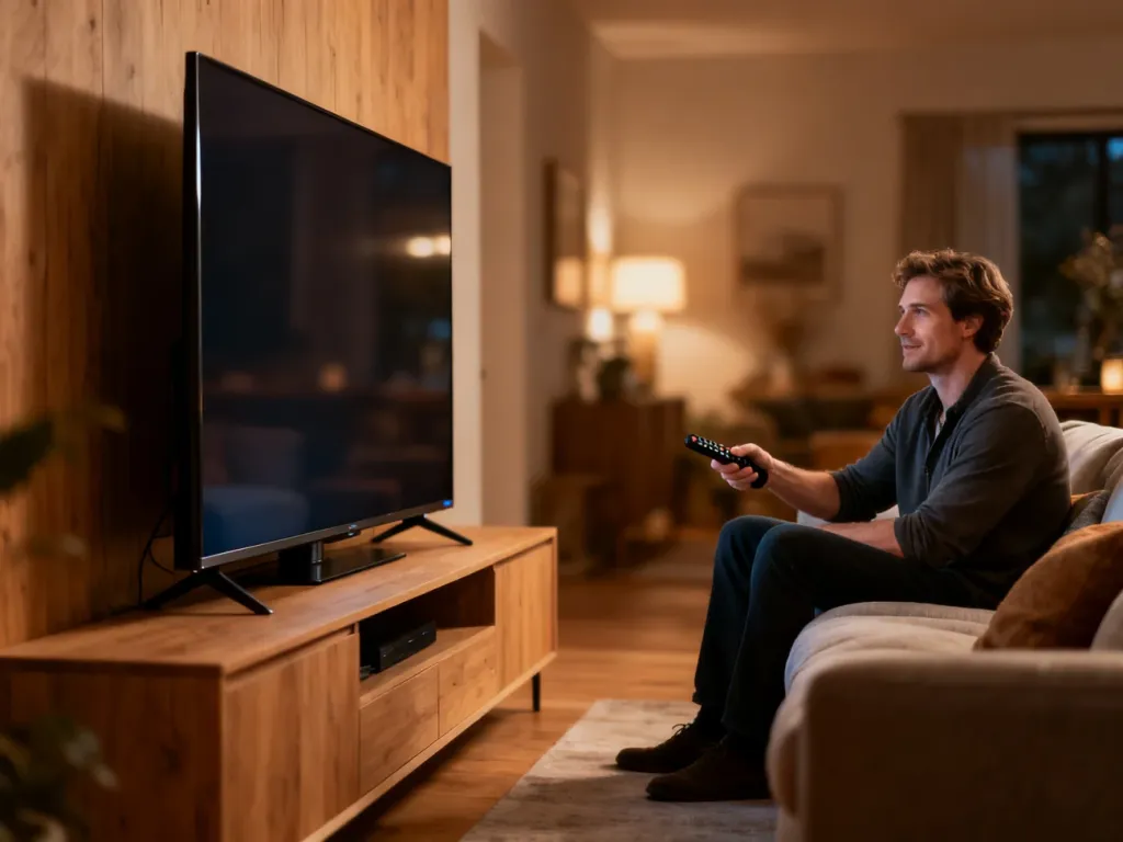 Nowoczesny telewizor TCL 4K zamontowany na drewnianej ścianie w przytulnym salonie, obsługiwany przez mężczyznę z kanapy.