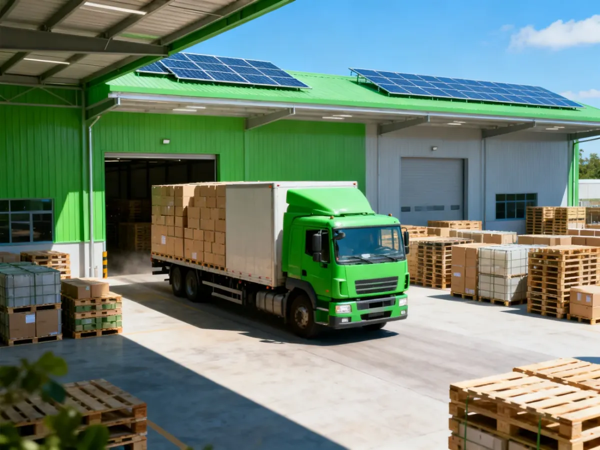 Efficient low-emission delivery leaving a modern warehouse
