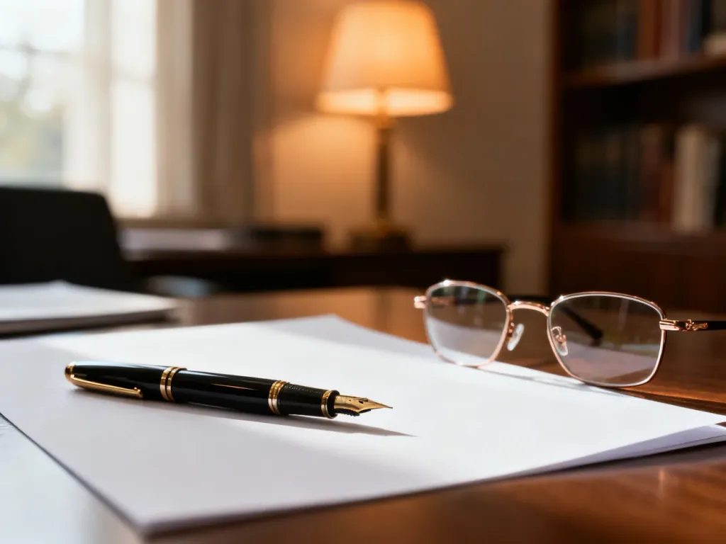 Eleganckie biurko z piórem, czystą kartką papieru i okularami, przygotowane do napisania podania o pracę na emeryturze.