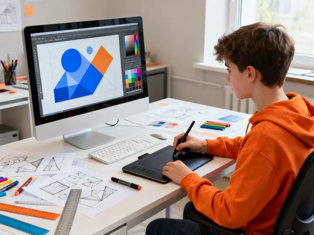 Początkujący grafik pracujący przy komputerze z tabletem graficznym