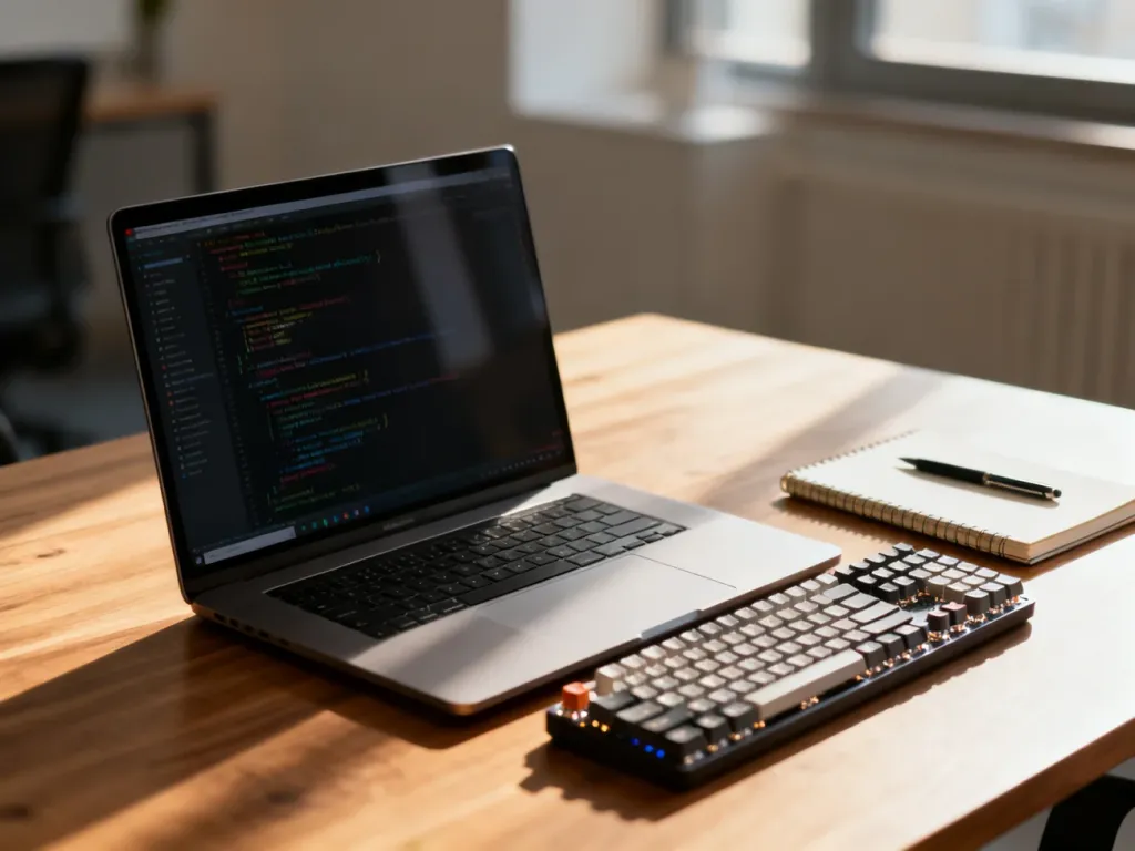 Profesjonalne stanowisko pracy programisty z laptopem, na którego ekranie widać kod, sprzyjające produktywności.