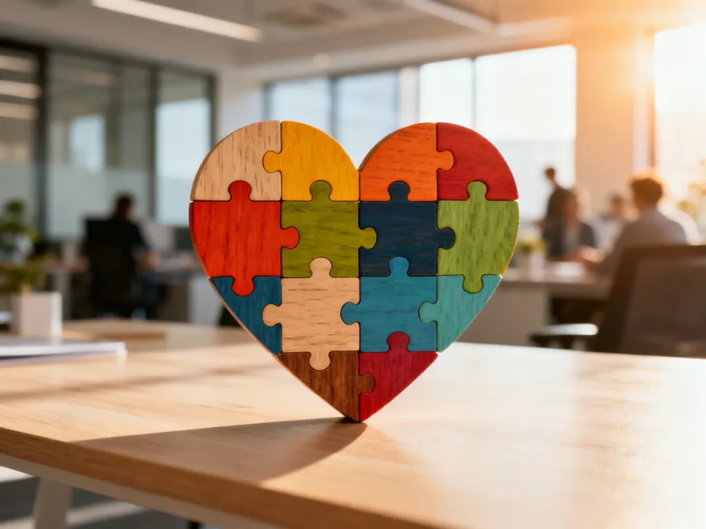 Kolorowe puzzle w kształcie serca na biurku, symbolizujące współpracę i zaangażowanie społeczne w środowisku pracy.