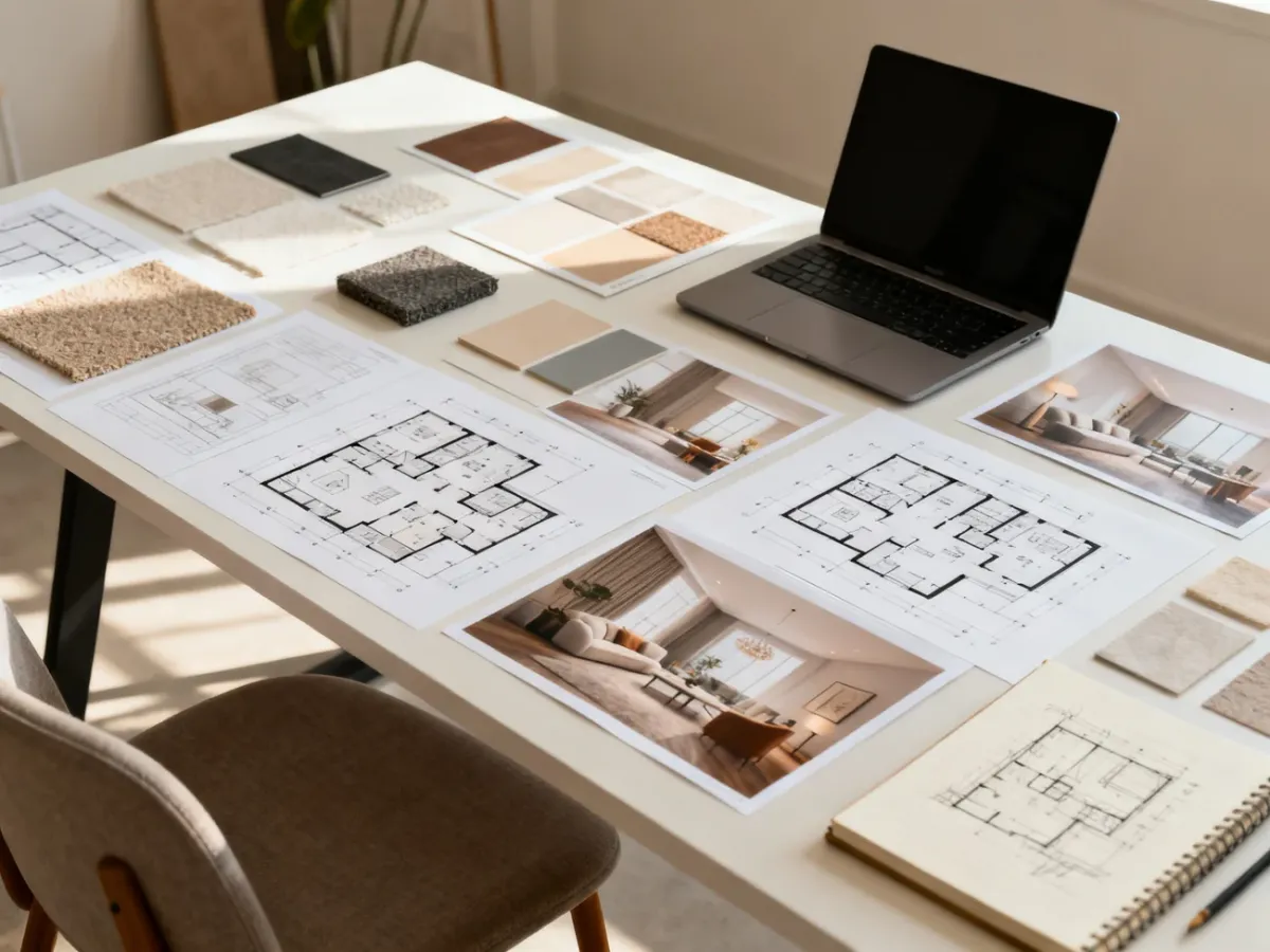 Portfolio projektanta wnętrz z rzutami, moodboardem i wizualizacjami