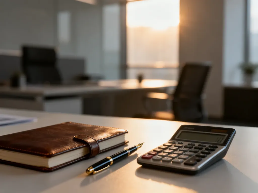 Profesjonalne biurko z notatnikiem i kalkulatorem, symbolizujące planowanie finansowe i prowadzenie własnej firmy.