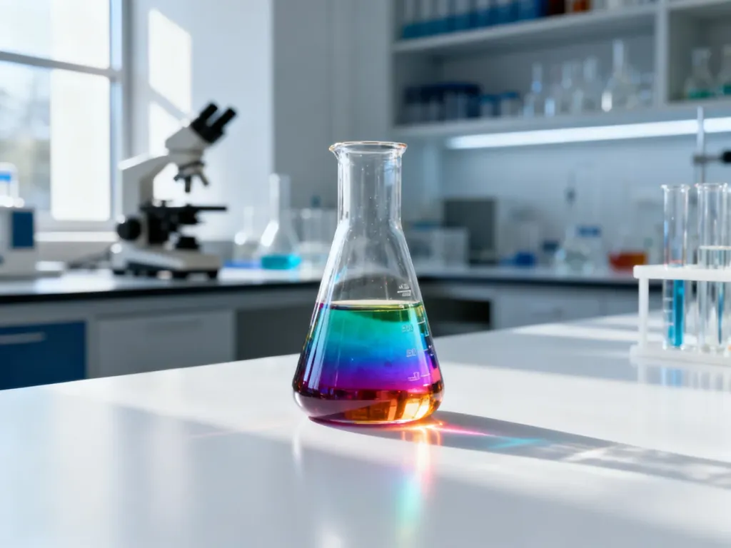 Szklana zlewka z kolorowym odczynnikiem na stole laboratoryjnym w nowoczesnym laboratorium.