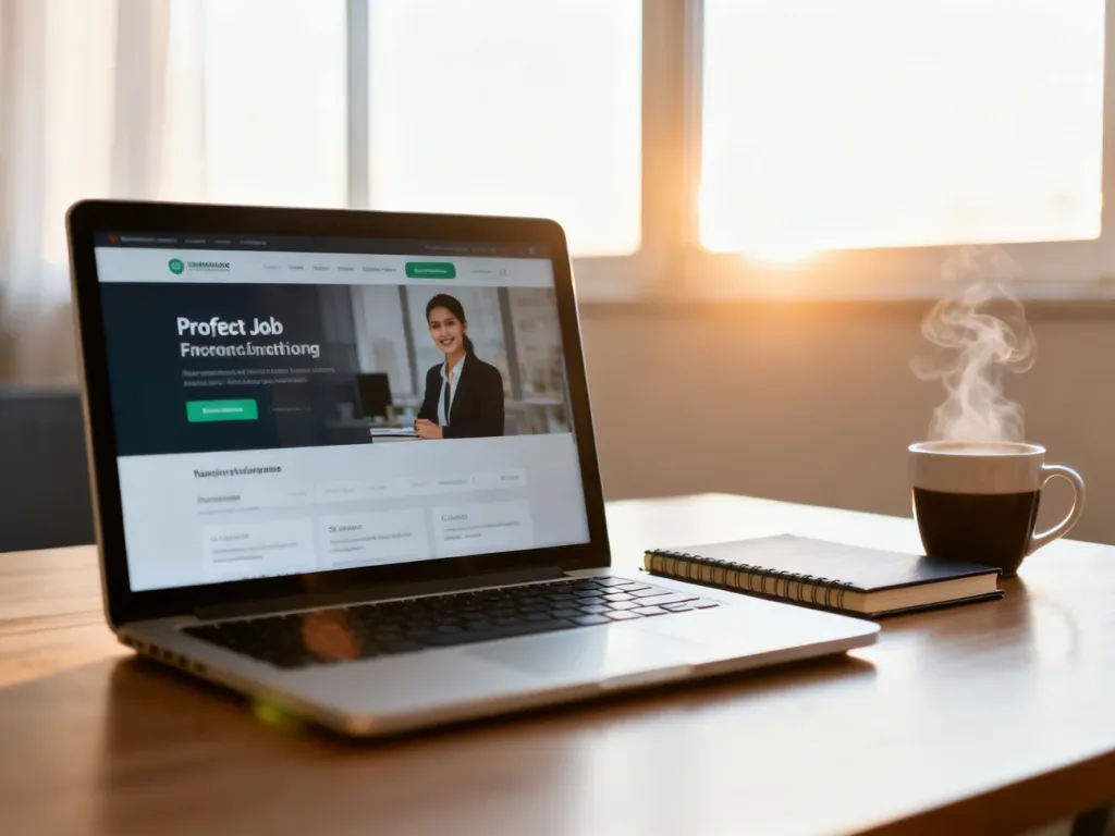 Nowoczesne stanowisko pracy z laptopem wyświetlającym portal z ofertami pracy, sprzyjające poszukiwaniom zatrudnienia.