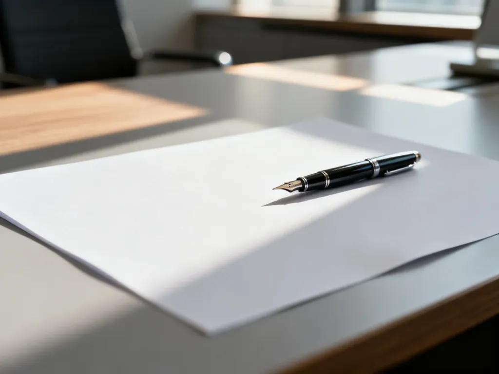 Pusta kartka papieru z piórem na biurku, gotowa do wypisania profesjonalnego ogłoszenia o pracę.