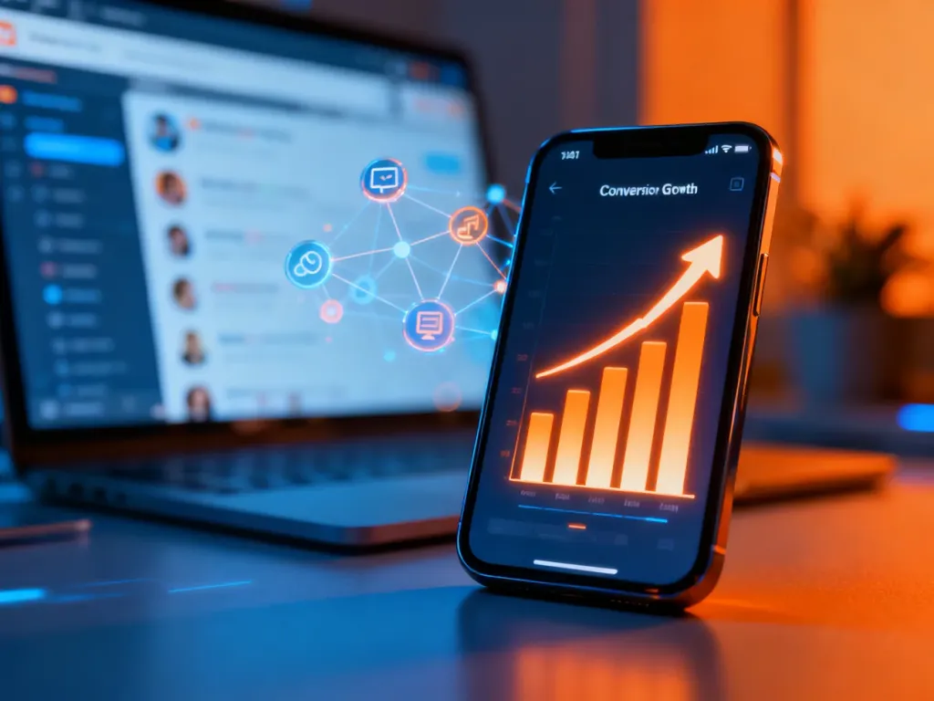 Smartfon z wyświetlonym rosnącym wykresem konwersji na tle ikon mediów społecznościowych, symbolizujący wzrost sprzedaży.
