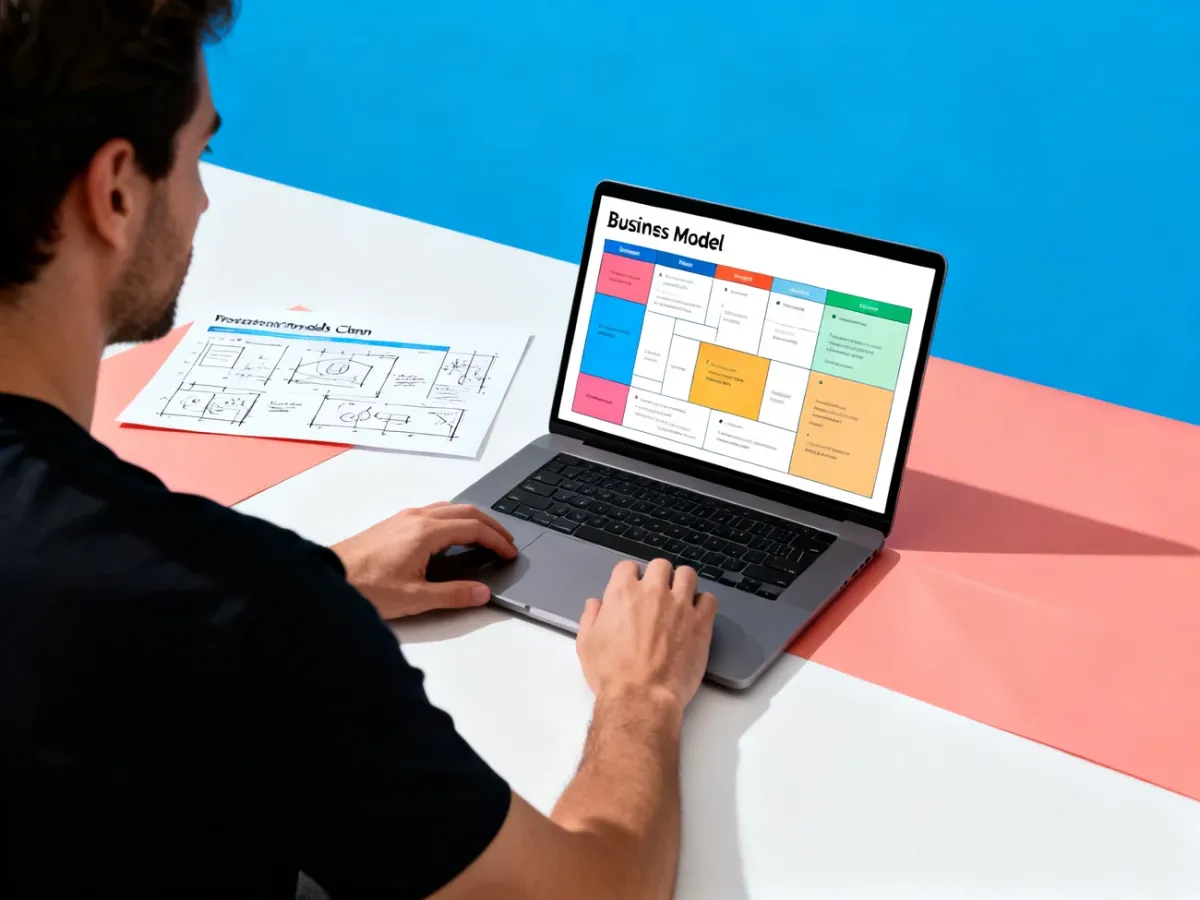 Przedsiębiorca przygotowujący estetyczną kanwę modelu biznesowego na laptopie