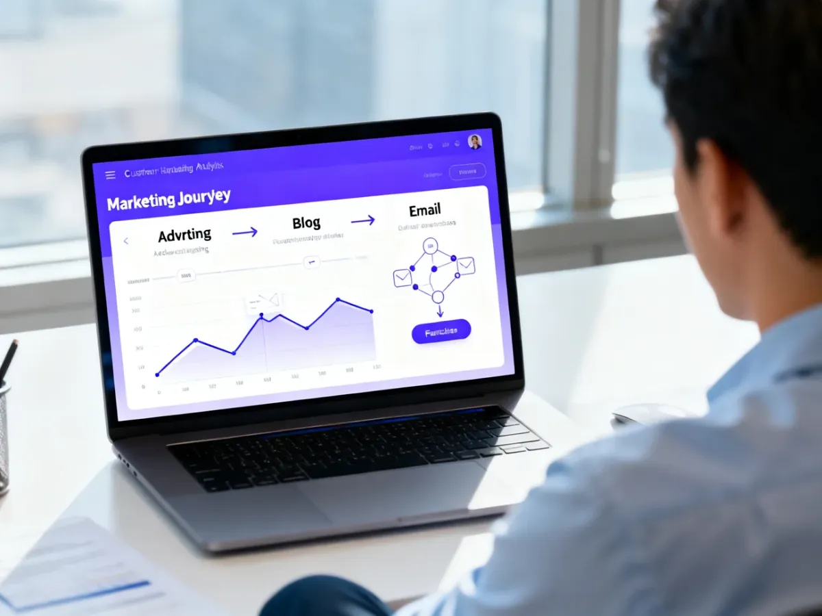 Analityk analizujący wielokanałową ścieżkę klienta na dashboardzie marketingowym